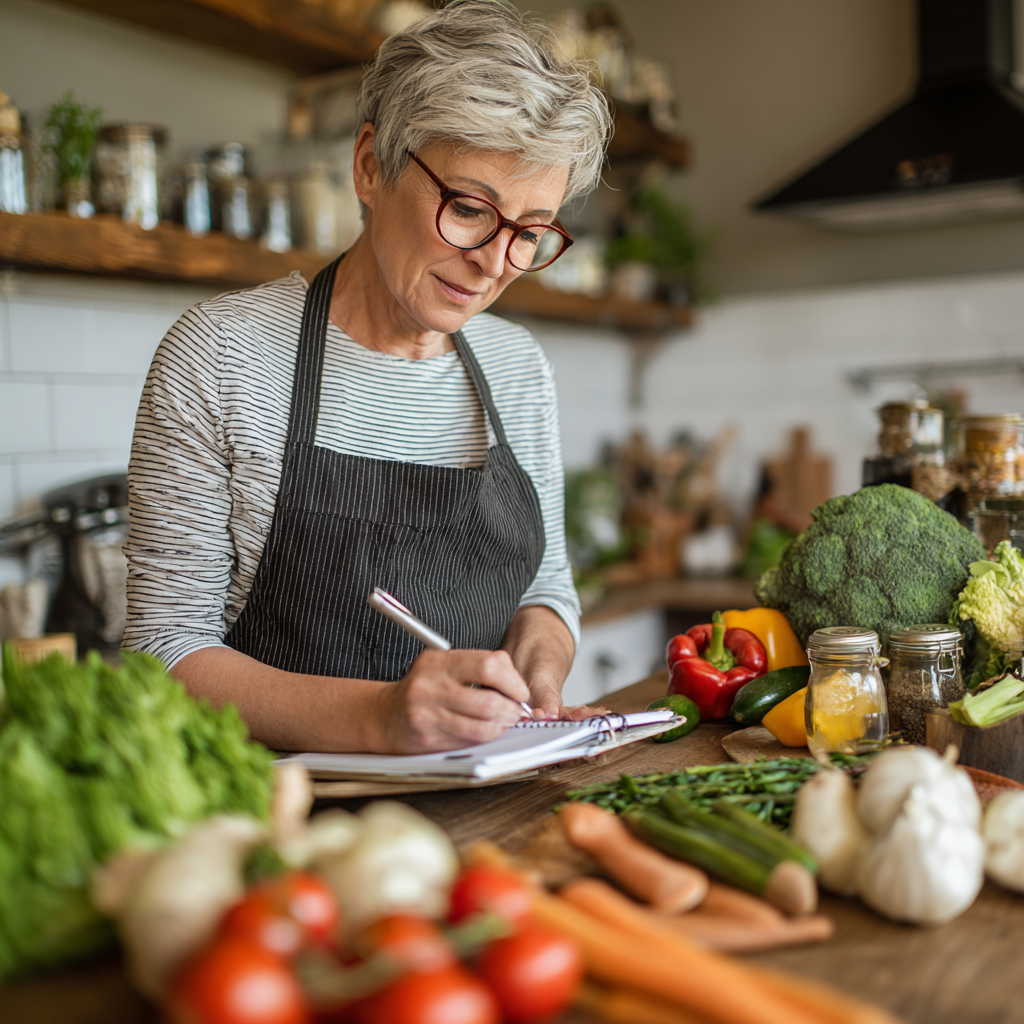 middle-aged nutritionist working on meal plans with healthy ingredients