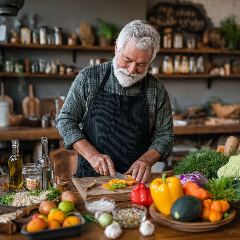 senior adult preparing nutritious meal with colorful vegetables and grains